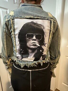 Distressed Cropped Upcycled Rolling Stones Keith Richards Jean Jacket